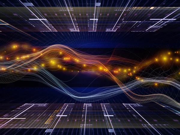 Dijital Dünyalar. Sanal Dalga serisi. Veri transferi, sanal, yapay, matematiksel gerçeklik projelerinde kullanılacak yatay sinüs dalgaları ve ışık parçacıklarının arkaplanı.