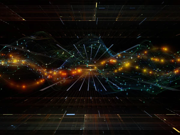 Sanal Mikro Dünya. Sanal Dalga serisi. Veri transferi, sanal, yapay, matematiksel gerçeklik projeleri için yatay sinüs dalgaları ve ışık parçacıklarından oluşan tasarım.