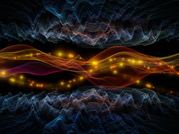 Sanal Evren. Sanal Dalga serisi. Veri transferi konusunda yatay sinüs dalgaları ve ışık parçacıklarının düzenlenmesi, sanal, yapay, matematiksel gerçeklik.