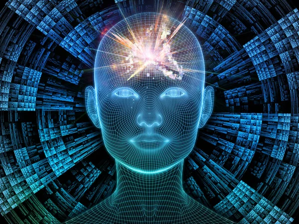 Parlak Düşünce. Bilinçli Zihin serisi. Yapay zeka, insan bilinci ve manevi yapay zeka için 3 boyutlu parlayan tel örgü insan yüzü bileşimi