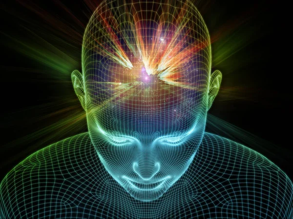 Dijital boşluk. Bilinçli Zihin serisi. Yapay zeka, insan bilinci ve ruhani yapay zekanın metaforu olarak parlayan tel örgü insan yüzünün üç boyutlu bir tasarımı.