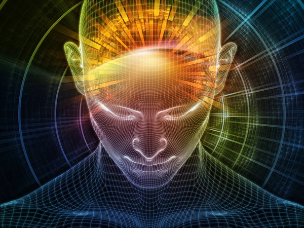 Sanal gerçeklik. Bilinçli Zihin serisi. Yapay zeka, insan bilinci ve manevi yapay zeka ile ilişkili olarak parlayan tel örgü insan yüzünün 3 boyutlu görüntülenmesi.