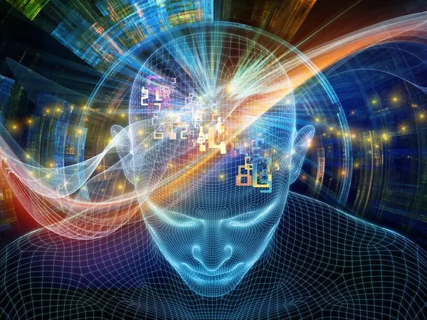 Dijital Düşünceler. Bilinçli Zihin serisi. Parlayan kablonun 3 boyutlu görüntülenmesi yapay zeka, insan bilinci ve ruhani yapay zeka projelerinde kullanılmak üzere insan yüzünü örgüler.