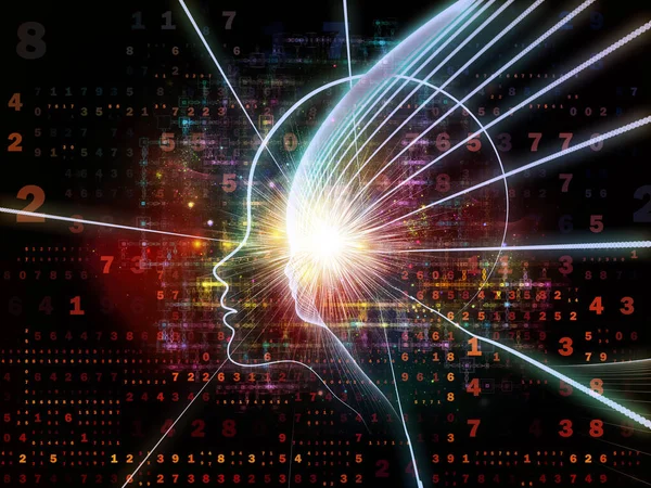 Zihin serisinin doğuşu. Genel yapay zeka ve modern teknoloji üzerine insan kafası siluetleri ve sayı şebekelerinin arka planı.