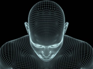 İnsan kafasının teknoloji, eğitim ve bilgisayar bilimleri illüstrasyonlarında kullanılmak üzere tel örgüde 3 boyutlu görüntülenmesi