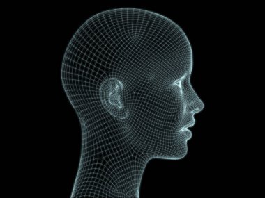 Teknoloji, eğitim ve bilgisayar bilimleri illüstrasyonlarında kullanılmak üzere insan kafası 3D kablo örgüsü oluşturma