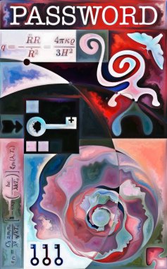 Dahili Geometri. Gizli şifre serisi. İnsan siluetlerinin, sanat dokularının ve renklerin arkaplanı, iç hayat, drama, şiir ve algı konularındaki tasarımları tamamlamak için etkileşim halindedir.