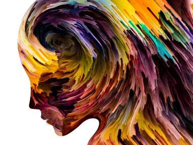 Rahatsız edici Düşünceler serisi. İnsan yüzü siluetinin içinde hareket halindeki koyu renk boya. İç dünya, zihin, psikoloji, depresyon, anksiyete, zihinsel hastalık, yaratıcılık ve soyut sanat konularındaki sanat çalışmaları.