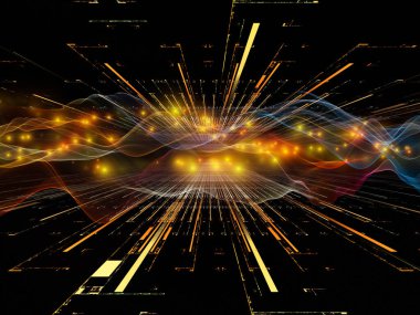 Uzay Mantığı. Sanal Dalga serisi. Veri transferiyle ilgili yatay sinüs dalgaları ve ışık parçacıklarının 3 boyutlu görüntülenmesi, sanal, yapay, matematiksel gerçeklik.