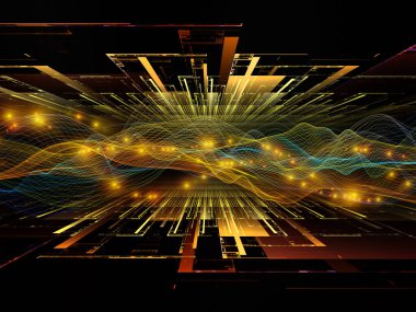 Uzay Sinyali. Sanal Dalga serisi. Veri transferi teması üzerine yatay sinüs dalgaları ve ışık parçacıklarının düzenlenmesi, sanal, yapay, matematiksel gerçeklik.