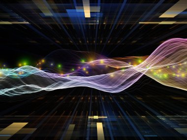 Veri Alanı Sanal Dalga serisi. Veri transferi, sanal, yapay, matematiksel gerçeklik için yatay sinüs dalgaları ve ışık parçacıklarından oluşan tasarım.