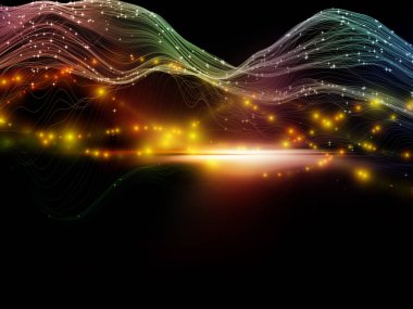 Sanal gerçeklik. Sanal Dalga serisi. Veri transferi, sanal, yapay, matematiksel gerçeklik tasarımlarını tamamlamak için yatay sinüs dalgaları ve ışık parçacıklarının arkaplanı.