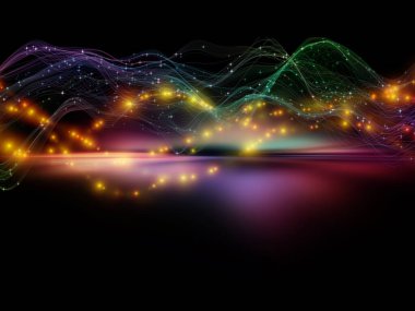 Sanal gerçeklik. Sanal Dalga serisi. Veri transferi, sanal, yapay, matematiksel gerçeklik tasarımlarını tamamlamak için yatay sinüs dalgaları ve ışık parçacıklarının arkaplanı.