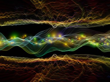 Sanal Mikro Dünya. Sanal Dalga serisi. Yatay sinüs dalgaları ve veri transferi, sanal, yapay, matematiksel gerçeklik üzerindeki yerleşimlerde uygun ışık parçacıklarından oluşan görsel çekici arkaplan.