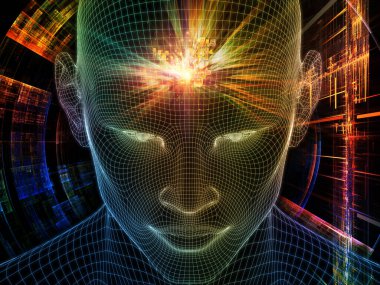 Parlak Düşünce. Bilinçli Zihin serisi. Parlayan kabloyu üç boyutlu şekilde birleştirmek insan yüzünü yapay zeka, insan bilinci ve ruhani yapay zeka temasına bağlar.