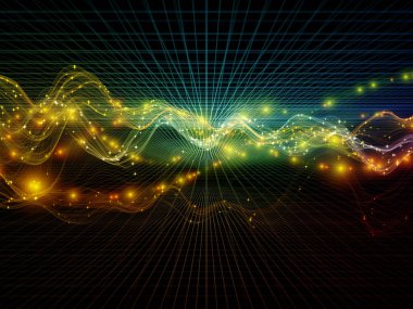 Uzay Geometrisi. Sanal Dalga serisi. Veri transferi, sanal, yapay, matematiksel gerçeklik için yatay sinüs dalgaları ve ışık parçacıklarının arkaplan tasarımı.
