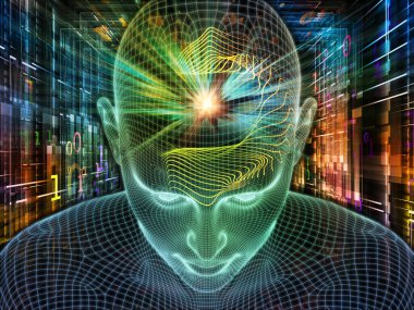 Parlak Düşünce. Bilinçli Zihin serisi. Yapay zeka, insan bilinci ve manevi yapay zeka için 3 boyutlu parlayan tel örgü insan yüzü bileşimi