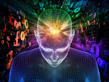 Parlak Düşünce. Bilinçli Zihin serisi. Yapay zeka, insan bilinci ve manevi yapay zeka için 3 boyutlu parlayan tel örgü insan yüzü bileşimi