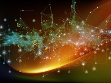 Gelecek Bağlantı serisi. Ağ hatlarının, ışıkların ve sembollerin modern teknoloji, ağ oluşturma, telekomünikasyon ve bilim konularındaki karanlık arka plana karşı düzenlenmesi.