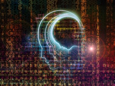 Zihin serisinin doğuşu. Genel yapay zeka ve modern teknoloji üzerine insan kafası siluetleri ve sayı şebekelerinin arka planı.