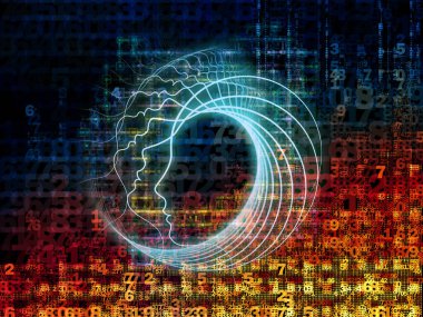 Zihin serisinin doğuşu. Genel yapay zeka ve modern teknoloji üzerine insan kafası siluetleri ve sayı şebekelerinin arka planı.