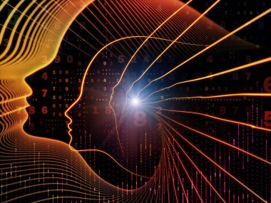 Zihin serisinin doğuşu. Genel yapay zeka ve modern teknoloji üzerine insan kafası siluetleri ve sayı şebekelerinin arka planı.