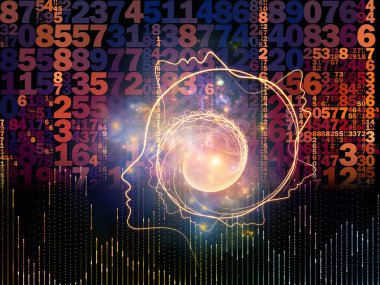 Zihin serisinin doğuşu. Genel yapay zeka ve modern teknoloji üzerine insan kafası siluetleri ve sayı şebekelerinin arka planı.