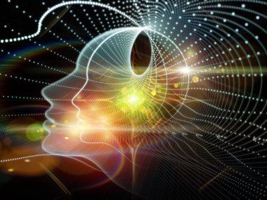 Sanal Zihinler serisi. Eğitim, bilim ve bilinç konularındaki insan yüzü profilleri ve soyut öğeler.