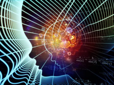 Sanal Zihinler serisi. Eğitim, bilim ve bilinç konularındaki insan yüzü profilleri ve soyut öğeler.