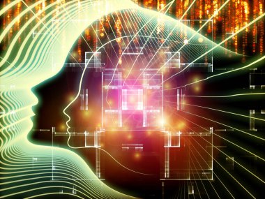 Bilgi Aklı serisi. İnsan silueti ve ışıltılı akarsu çizgileri eğitim, bilim ve modern teknoloji konularında kompozisyon oluşturur.