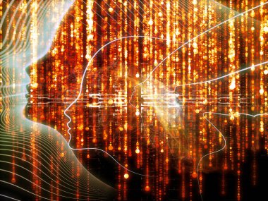 Bilgi Aklı serisi. İnsan silueti ve ışıltılı akarsu çizgileri eğitim, bilim ve modern teknoloji konularında kompozisyon oluşturur.