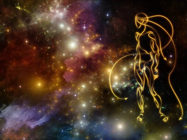 Человеческая Фигура Золотых Линиях Космическом Фоне Тему Вечных Представлений Философии — стоковое фото