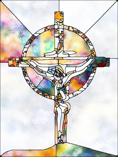 光之信 玻璃杯系列交叉系列 由有机教会窗户色彩图案构成的设计 象征着基督与自然的钉十字架的支离破碎的统一 — 图库照片
