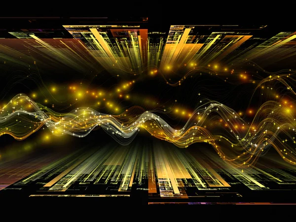 太空数据 虚拟浪潮系列 用于数据传输项目的水平正弦波和光粒子构成的背景 虚拟的 人工的 数学的现实 — 图库照片