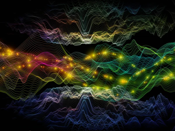 バーチャル ユニバース 仮想波シリーズ データ転送 仮想的 人工的 数学的現実の対象に対する水平正弦波及び光粒子の配置 — ストック写真