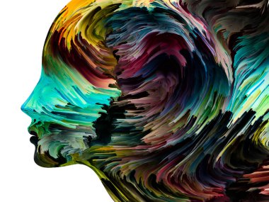 Rahatsız edici Düşünceler serisi. İnsan yüzü siluetinde desenli boya hareket halinde. İç dünya, zihin, psikoloji, depresyon, anksiyete, zihinsel hastalık, yaratıcılık ve soyut sanat konularındaki sanat çalışmaları.