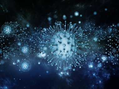Coronavirus Dünyaları. Viral Salgın Serisi. Virüs, salgın hastalık, enfeksiyon, hastalık ve sağlık projelerinde kullanılmak üzere 3 boyutlu Coronavirus parçacıkları ve mikro uzay elementleri