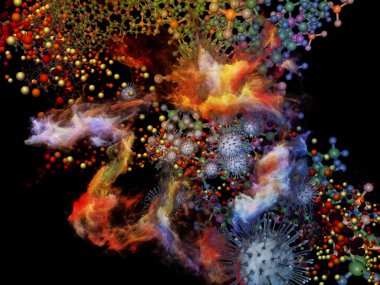 Üç boyutlu soyut Coronavirus virüsü parçacığı ve üç boyutlu soyut elementlerin viral cisimler ve mikro çevre veya bağışıklık sistemiyle etkileşimi üzerine oluşturulması