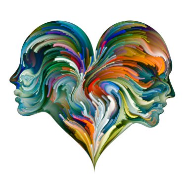 Duygusal Palet serisi. Kırık kalbi bekliyorum. Aşk, ilişkiler ve romantizm konularındaki erkek ve kadın siluetlerinin birleşiminde canlı renklerin soyut resmi.