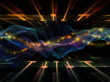 Uzay Mantığı. Sanal Dalga serisi. Veri transferiyle ilgili yatay sinüs dalgaları ve ışık parçacıklarının 3 boyutlu görüntülenmesi, sanal, yapay, matematiksel gerçeklik.