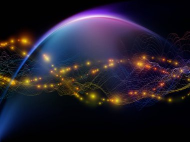 Uzayda veri. Sanal Dalga serisi. Veri transferi için uygun yatay sinüs dalgaları ve ışık parçacıklarının soyut bileşimi, sanal, yapay, matematiksel gerçeklik.