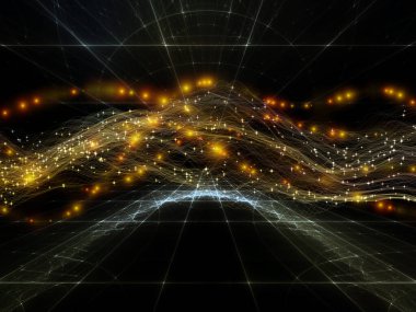 Uzayda veri. Sanal Dalga serisi. Veri transferi, sanal, yapay, matematiksel gerçeklik konularındaki yatay sinüs dalgaları ve ışık parçacıklarından oluşan tasarım.