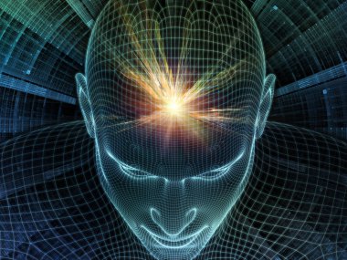 Parlak Düşünce. Bilinçli Zihin serisi. Yapay zeka, insan bilinci ve manevi yapay zeka için 3 boyutlu parlayan tel örgü insan yüzü bileşimi