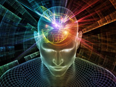 Sanal gerçeklik. Bilinçli Zihin serisi. Yapay zeka, insan bilinci ve manevi yapay zeka ile ilişkili olarak parlayan tel örgü insan yüzünün 3 boyutlu görüntülenmesi.
