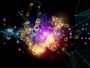 Gelecek Bağlantı serisi. Ağ hatlarının, ışıkların ve sembollerin arka planı modern teknoloji, ağ oluşturma, telekomünikasyon ve bilim konularındaki karanlık arka plana karşı.