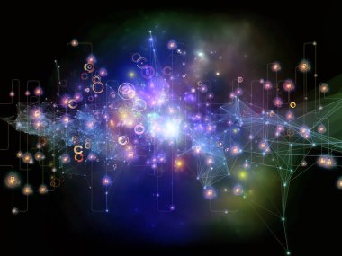 Gelecek Bağlantı serisi. Ağ hatlarının, ışıkların ve sembollerin arka planı modern teknoloji, ağ oluşturma, telekomünikasyon ve bilim konularındaki karanlık arka plana karşı.