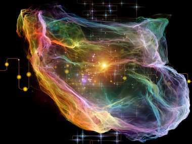 Ağ Tesadüfçülüğü serisi. Modern teknoloji ve bilimsel araştırma konularında organik fraktal geometri, ağ çizgileri ve ışıkların etkileşimi.