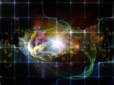 Modern teknoloji ve telekomünikasyon konularındaki ışık, ızgara ve ağ elementlerinin arkaplanı.