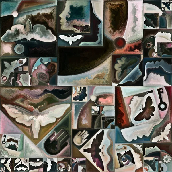 Inner Encryption series. Colorful collage of abstract organic forms and  art textures on subject of hidden meanings, sacred life, drama, poetry, mysticism and art.