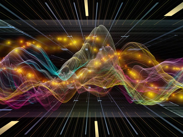 宇宙論理学 仮想波シリーズ データ転送 数学的現実に関連する水平正弦波と光粒子の3Dレンダリング — ストック写真